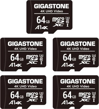 Gigastone 4K UHD Video R90/W20 microSDXC 64GB Kit, UHS-I U3, A1, Class 10, 5er-Pack