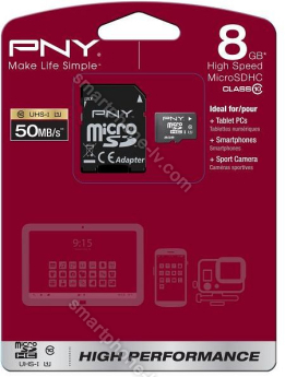 PNY High Performance R50/W20 microSDHC 8GB Kit, UHS-I, Class 10