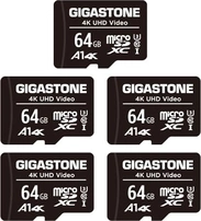 Gigastone 4K UHD Video R90/W20 microSDXC 64GB Kit, UHS-I U3, A1, Class 10, 5er-Pack