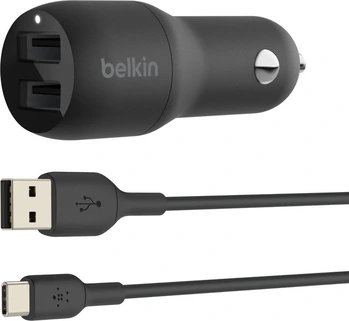 Belkin BoostCharge Dual USB-A зарядка в машину 24W + USB-A to USB-C black