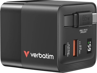 Verbatim 65W GaN charger 2 connectors с retractable cable black